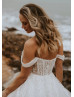 Off Shoulder Ivory Glitter Lace Tulle Flowing Wedding Dress
